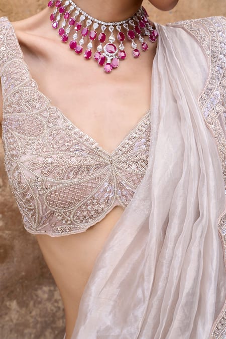 Buy_Ridhima Bhasin_Pink Organza Beads, Crystals Affinity Scallop Hem Pre-draped Saree With Blouse _Online_at_Aza_Fashions