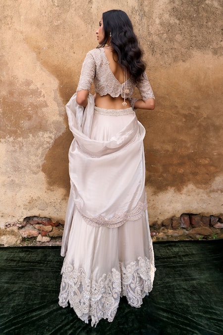 Shop_Ridhima Bhasin_Ivory Organza Sequins, Beads Plunge Almas Embroidered Hem Lehenga Blouse Set _at_Aza_Fashions