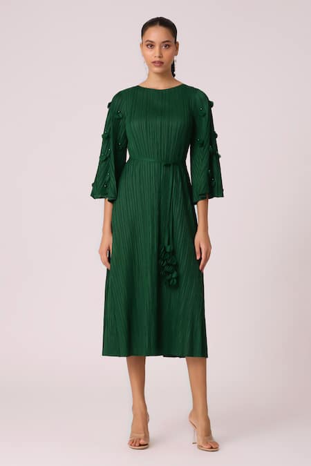Scarlet Sage_Green Polyester Pearls Round Neck Annette Embellished Midi Dress_Online_at_Aza_Fashions
