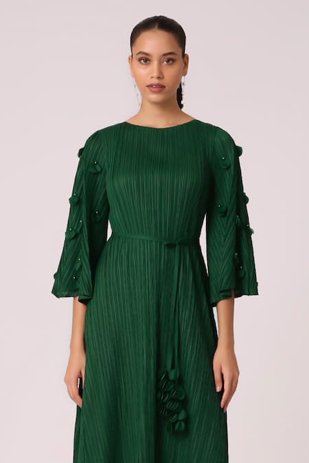 Buy_Scarlet Sage_Green Polyester Pearls Round Neck Annette Embellished Midi Dress_Online_at_Aza_Fashions