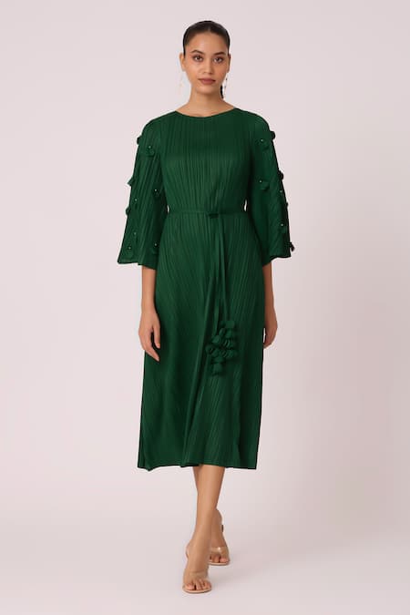 Shop_Scarlet Sage_Green Polyester Pearls Round Neck Annette Embellished Midi Dress_Online_at_Aza_Fashions