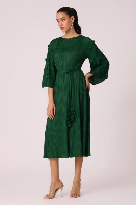 Scarlet Sage_Green Polyester Pearls Round Neck Annette Embellished Midi Dress_at_Aza_Fashions