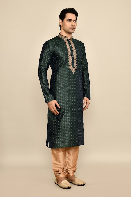 Shop_Arihant Rai Sinha_Green Jacquard, Silk Zari, Sequins Geometric Woven Kurta Set _Online_at_Aza_Fashions