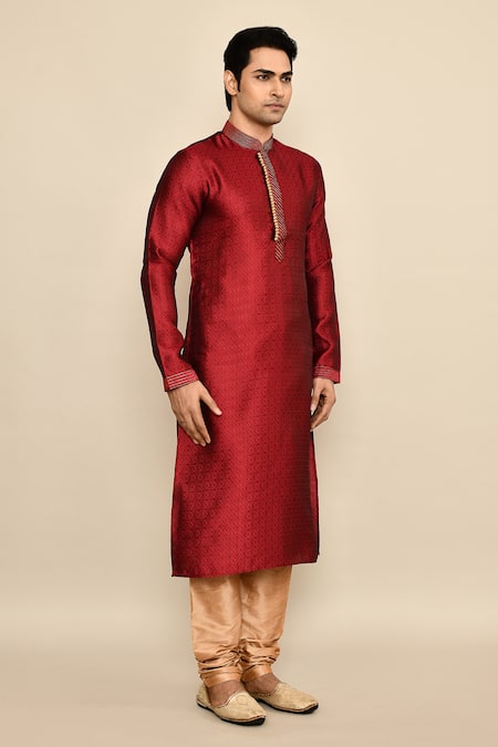 Shop_Arihant Rai Sinha_Maroon Jacquard, Chanderi Silk Embroidery Abstract Woven Kurta Set_Online_at_Aza_Fashions