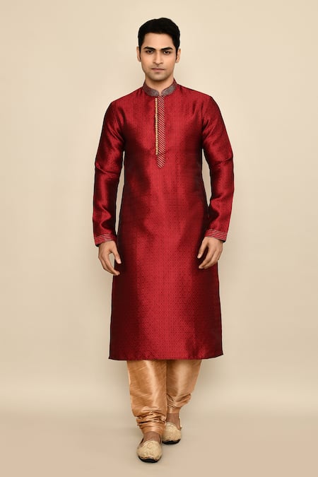 Arihant Rai Sinha_Maroon Jacquard, Chanderi Silk Embroidery Abstract Woven Kurta Set_at_Aza_Fashions