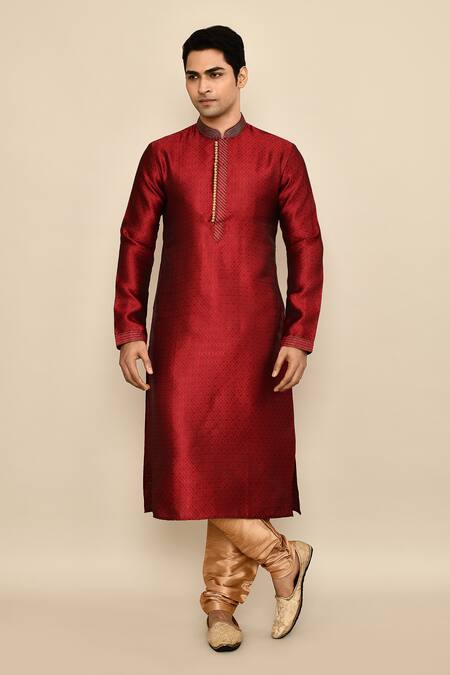 Buy_Arihant Rai Sinha_Maroon Jacquard, Chanderi Silk Embroidery Abstract Woven Kurta Set