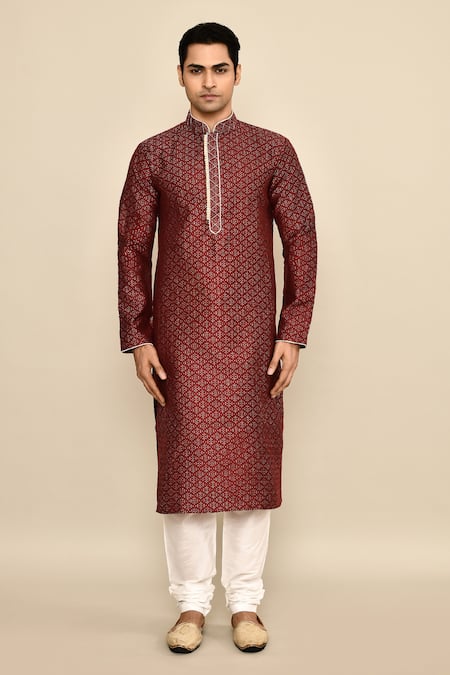 Buy_Arihant Rai Sinha_Maroon Jacquard, Chanderi Embroidery Bandhani Woven Kurta Set _Online_at_Aza_Fashions