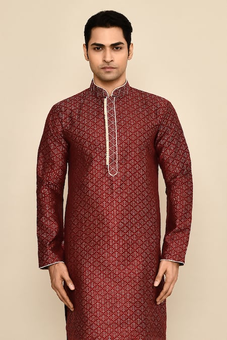 Shop Arihant Rai Sinha Maroon Jacquard, Chanderi Embroidery Bandhani Woven Kurta Set Online at Aza Fashions Shop_Arihant Rai Sinha_Maroon Jacquard, Chanderi Embroidery Bandhani Woven Kurta Set _Online_at_Aza_Fashions