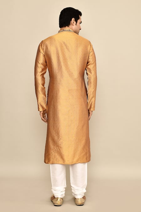 Shop_Arihant Rai Sinha_Yellow Jacquard, Silk, Chanderi Mirrors, Embroidery Checkered Woven Kurta Set_at_Aza_Fashions