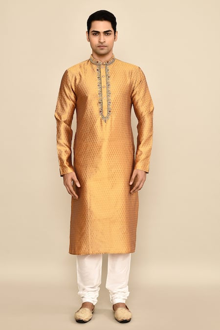 Buy_Arihant Rai Sinha_Yellow Jacquard, Silk, Chanderi Mirrors, Embroidery Checkered Woven Kurta Set_Online_at_Aza_Fashions