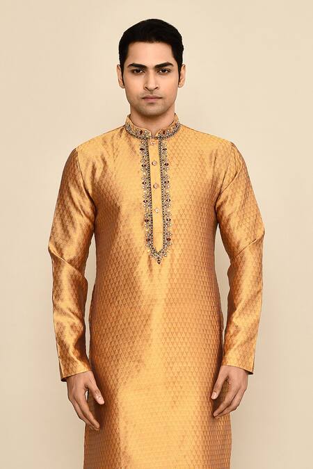 Shop_Arihant Rai Sinha_Yellow Jacquard, Silk, Chanderi Mirrors, Embroidery Checkered Woven Kurta Set_Online_at_Aza_Fashions