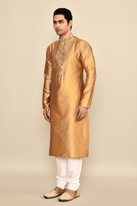 Arihant Rai Sinha_Yellow Jacquard, Silk, Chanderi Mirrors, Embroidery Checkered Woven Kurta Set_at_Aza_Fashions