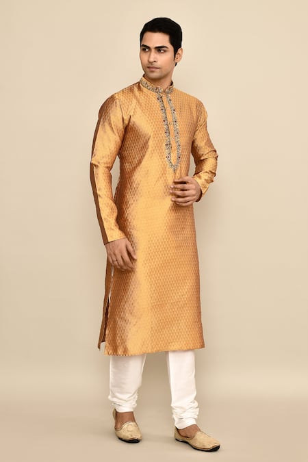 Buy_Arihant Rai Sinha_Yellow Jacquard, Silk, Chanderi Mirrors, Embroidery Checkered Woven Kurta Set