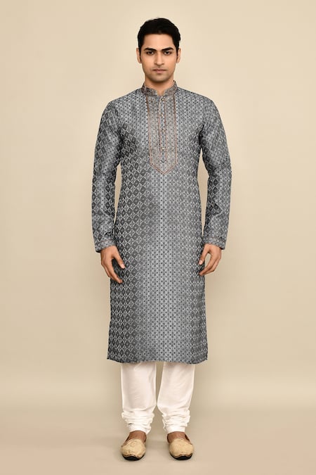 Buy_Arihant Rai Sinha_Blue Jacquard, Silk, Chanderi Embroidery Botanical Woven Kurta Set _Online_at_Aza_Fashions