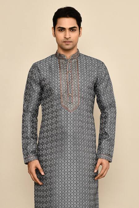 Shop Arihant Rai Sinha Blue Jacquard, Silk, Chanderi Embroidery Botanical Woven Kurta Set Online at Aza Fashions Shop_Arihant Rai Sinha_Blue Jacquard, Silk, Chanderi Embroidery Botanical Woven Kurta Set _Online_at_Aza_Fashions