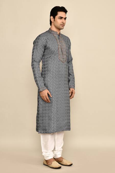 Arihant Rai Sinha_Blue Jacquard, Silk, Chanderi Embroidery Botanical Woven Kurta Set _at_Aza_Fashions