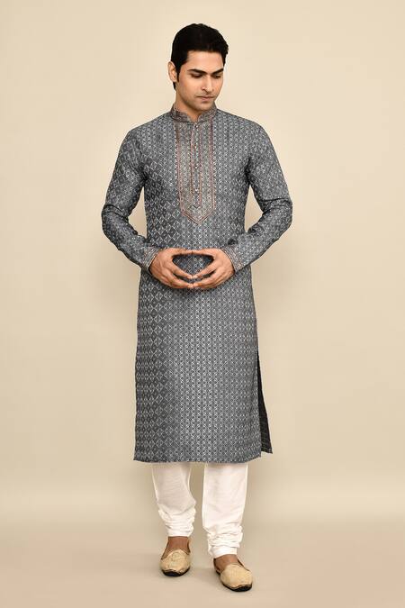 Buy_Arihant Rai Sinha_Blue Jacquard, Silk, Chanderi Embroidery Botanical Woven Kurta Set 
