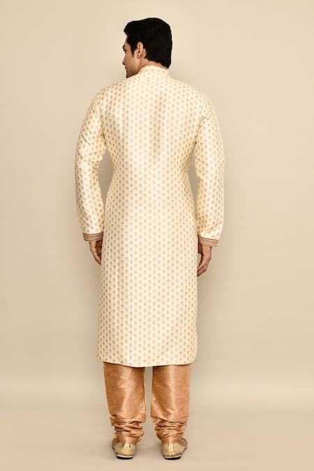 Shop_Arihant Rai Sinha_Cream Jacquard, Silk, Chanderi Embroidery Flower Woven Kurta Set _at_Aza_Fashions