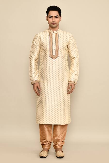 Buy_Arihant Rai Sinha_Cream Jacquard, Silk, Chanderi Embroidery Flower Woven Kurta Set _Online_at_Aza_Fashions