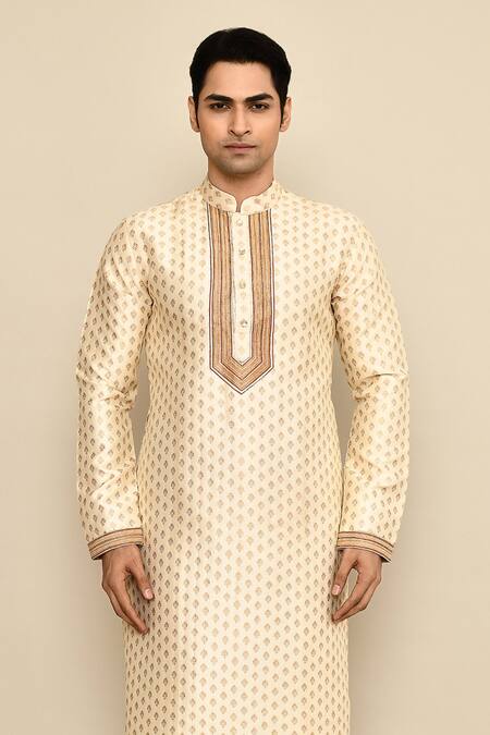 Shop_Arihant Rai Sinha_Cream Jacquard, Silk, Chanderi Embroidery Flower Woven Kurta Set _Online_at_Aza_Fashions