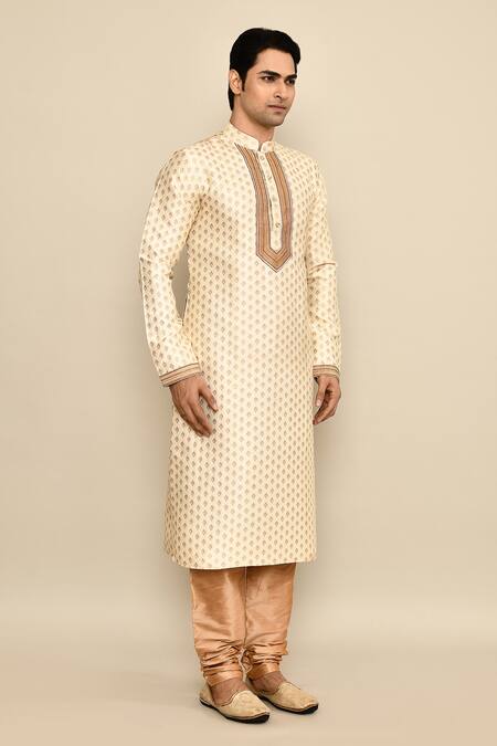 Arihant Rai Sinha_Cream Jacquard, Silk, Chanderi Embroidery Flower Woven Kurta Set _at_Aza_Fashions