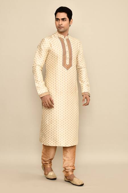 Buy_Arihant Rai Sinha_Cream Jacquard, Silk, Chanderi Embroidery Flower Woven Kurta Set 