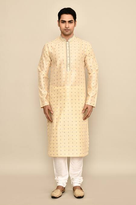 Buy_Arihant Rai Sinha_Gold Jacquard, Silk Embroidery Chevron Pattern Kurta Set _Online_at_Aza_Fashions