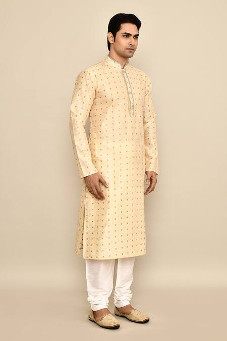 Shop_Arihant Rai Sinha_Gold Jacquard, Silk Embroidery Chevron Pattern Kurta Set _Online_at_Aza_Fashions