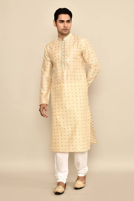 Arihant Rai Sinha_Gold Jacquard, Silk Embroidery Chevron Pattern Kurta Set _at_Aza_Fashions