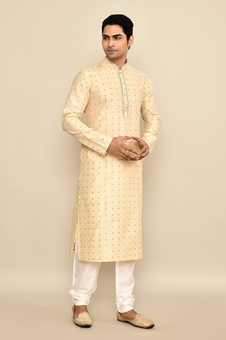 Buy_Arihant Rai Sinha_Gold Jacquard, Silk Embroidery Chevron Pattern Kurta Set 