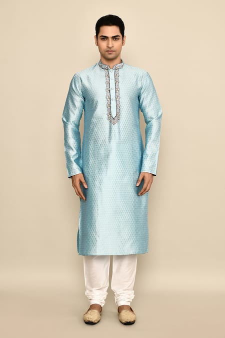 Buy_Arihant Rai Sinha_Blue Jacquard, Chanderi Embroidery Abstract Pattern Kurta Set _Online_at_Aza_Fashions