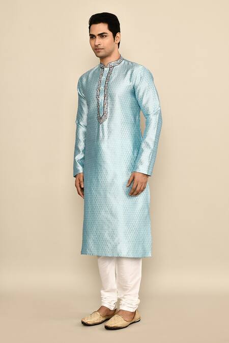 Shop_Arihant Rai Sinha_Blue Jacquard, Chanderi Embroidery Abstract Pattern Kurta Set _Online_at_Aza_Fashions