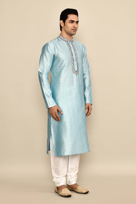 Arihant Rai Sinha_Blue Jacquard, Chanderi Embroidery Abstract Pattern Kurta Set _at_Aza_Fashions
