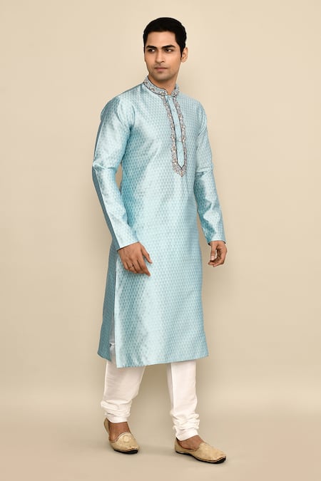 Shop_Arihant Rai Sinha_Blue Jacquard, Chanderi Embroidery Abstract Pattern Kurta Set 
