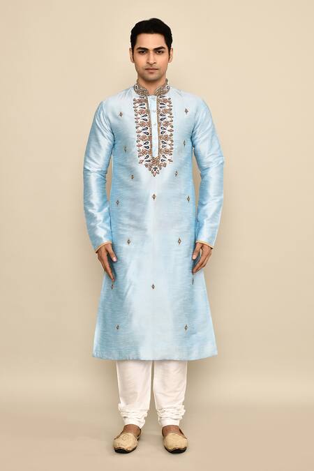 Buy_Arihant Rai Sinha_Blue Silk, Polyester Zari Paisley Embroidered Kurta Set _Online_at_Aza_Fashions