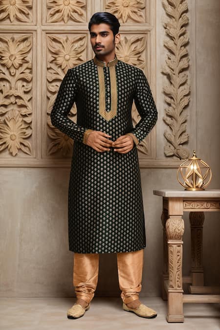 Arihant Rai Sinha Green Kurta Jacquard Woven Flower Butta Set 