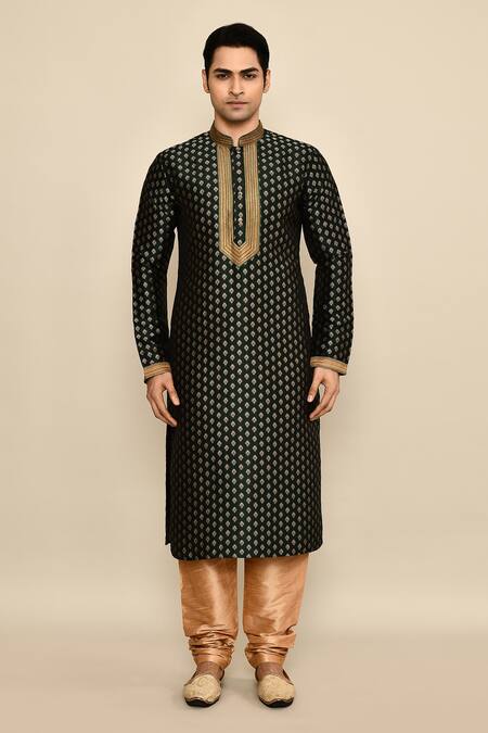 Buy_Arihant Rai Sinha_Green Jacquard, Silk, Chanderi Embroidery Flower Butta Woven Kurta Set _Online_at_Aza_Fashions
