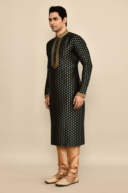 Shop_Arihant Rai Sinha_Green Jacquard, Silk, Chanderi Embroidery Flower Butta Woven Kurta Set _Online_at_Aza_Fashions