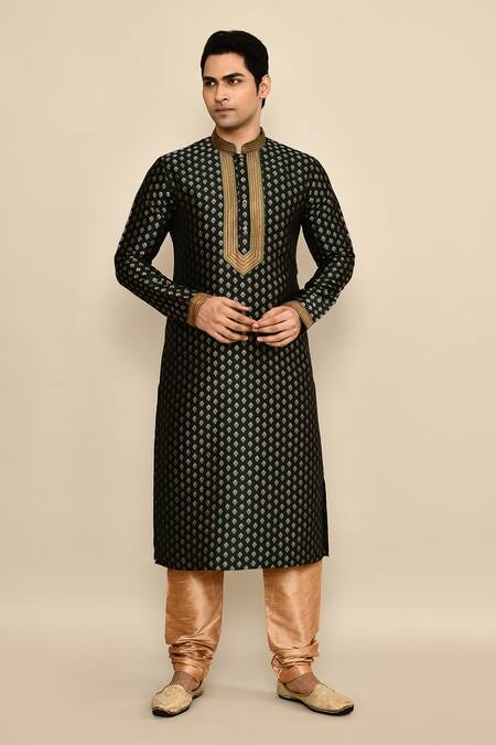 Shop_Arihant Rai Sinha_Green Jacquard, Silk, Chanderi Embroidery Flower Butta Woven Kurta Set 