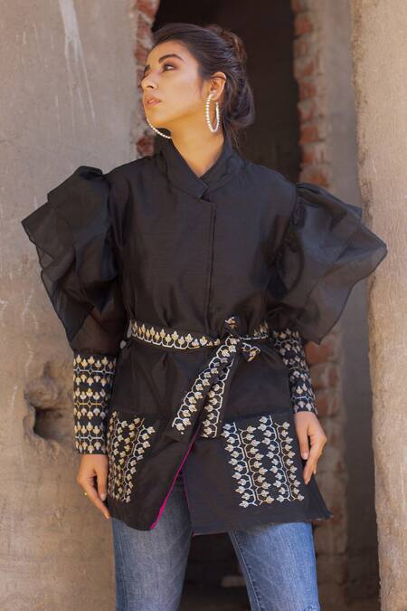 The Home Affair_Black Silk, Cotton Embroidery Collared Hand Block Print Jacket _Online_at_Aza_Fashions