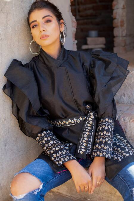 Buy_The Home Affair_Black Silk, Cotton Embroidery Collared Hand Block Print Jacket _Online_at_Aza_Fashions