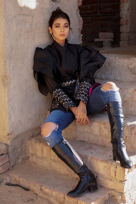 Shop_The Home Affair_Black Silk, Cotton Embroidery Collared Hand Block Print Jacket _Online_at_Aza_Fashions