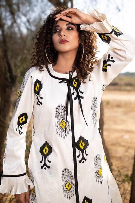 Shop_The Home Affair_White Silk, Cotton Round Neck Hand Block Print Motif Jacket _Online_at_Aza_Fashions