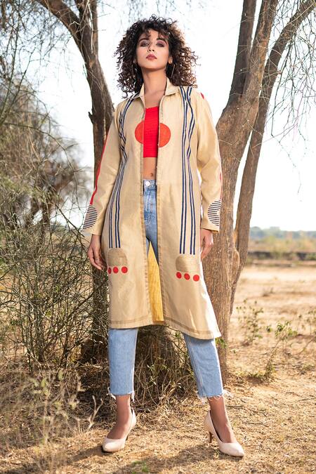 The Home Affair_Beige Silk, Cotton Embroidery Collared Hand Block Print Motif Open Jacket _Online_at_Aza_Fashions
