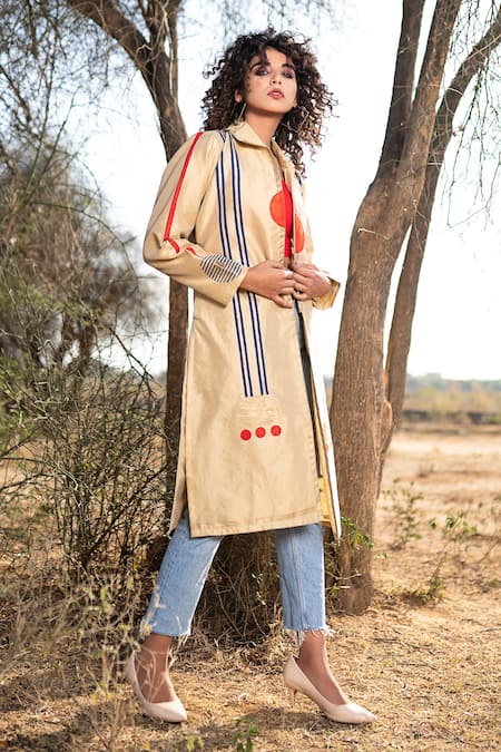 Buy_The Home Affair_Beige Silk, Cotton Embroidery Collared Hand Block Print Motif Open Jacket _Online_at_Aza_Fashions