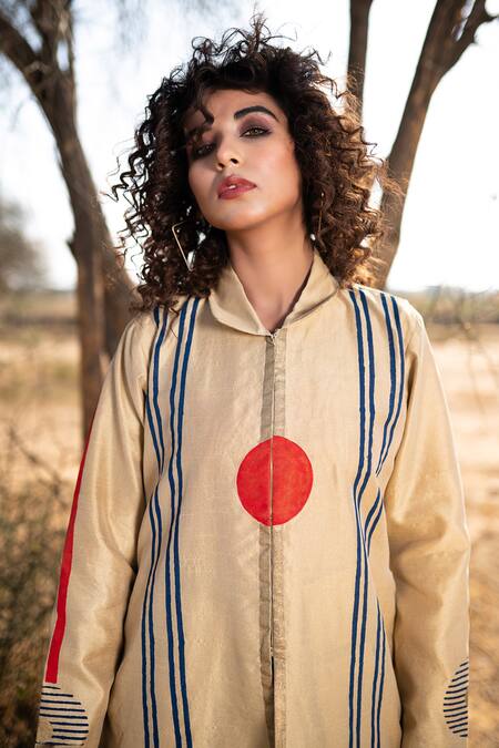 Shop_The Home Affair_Beige Silk, Cotton Embroidery Collared Hand Block Print Motif Open Jacket _Online_at_Aza_Fashions