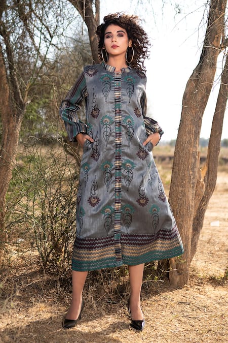 The Home Affair_Grey Silk, Cotton Bandeau Neck Hand Block Print Jacket _Online_at_Aza_Fashions