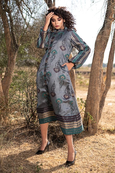 Buy_The Home Affair_Grey Silk, Cotton Bandeau Neck Hand Block Print Jacket _Online_at_Aza_Fashions