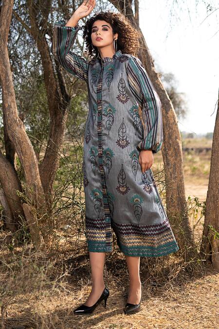 Shop_The Home Affair_Grey Silk, Cotton Bandeau Neck Hand Block Print Jacket _Online_at_Aza_Fashions