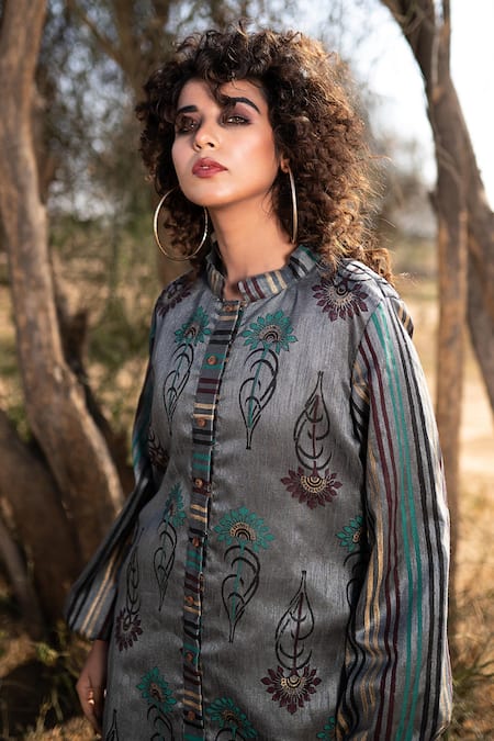 The Home Affair_Grey Silk, Cotton Bandeau Neck Hand Block Print Jacket _at_Aza_Fashions